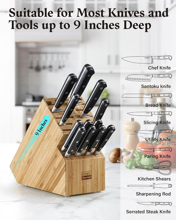 Cooks Standard Bamboo Knife Storage Block without Knives, 20 Slot Universal Knife Holder Countertop Butcher Block Knife Stand for Easy Kitchen Storage