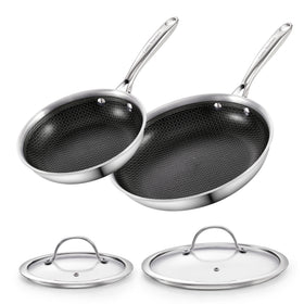 Cooks Standard Hybrid Nonstick Frying Pan Set, 8 and 10-Inch Multi-Ply Clad Stainless Steel 2 Piece Skillet with Tempered Glass Lids, Oven Safe, Compatible with All Stovetops
