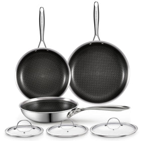 Cooks Standard Hybrid Nonstick Frying Pan Set, 8, 10 and 12-Inch Multi-Ply Clad Stainless Steel 3 Piece Skillet with Tempered Glass Lids, Oven Safe, Compatible with All Stovetops