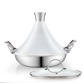 Cooks Standard Moroccan Tagine Pot, 3.6 Qt Multi-Ply Clad Stainless Steel Pan with Dual Handles, Clay Pot Alternative for Slow Cooking, Cone-Shaped Die-Cast Aluminum Lid & Extra Glass Lid, White