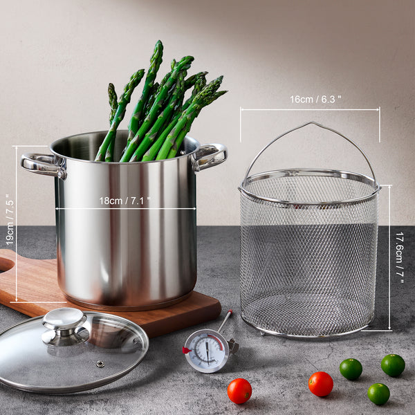 Cook N Home Deep Fryer Pot, 5-Quart Japanese Tempura Deep Frying Pot, 304 Stainless Steel with Temperature Control and Oil Drip Rack and Glass Lid, for Kitchen French Fries, Chicken etc