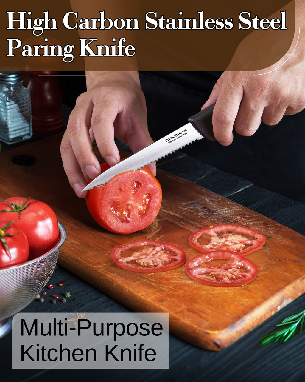 Cook N Home Paring Knife Set 4-Piece, High Carbon Stainless Steel Kitchen Knives, Includes-Utility, Paring, Vegetable, Peeling Knife, Ergonomic Handle, Black