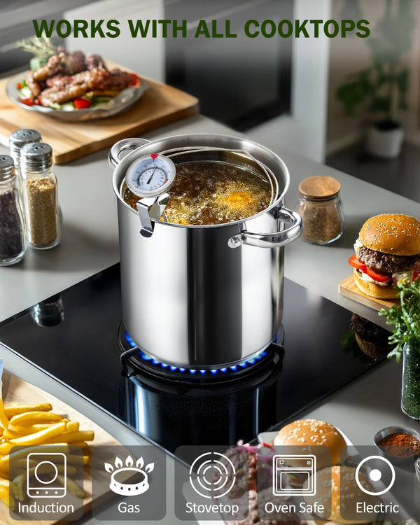 Cook N Home Deep Fryer Pot, 5-Quart Japanese Tempura Deep Frying Pot, 304 Stainless Steel with Temperature Control and Oil Drip Rack and Glass Lid, for Kitchen French Fries, Chicken etc