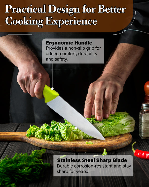 Cook N Home Chef's Knife Multi-Purpose 8-Inch, Straight Edge High Carbon German Stainless Steel Sharp Kitchen Knife, Ergonomic Handle, Green