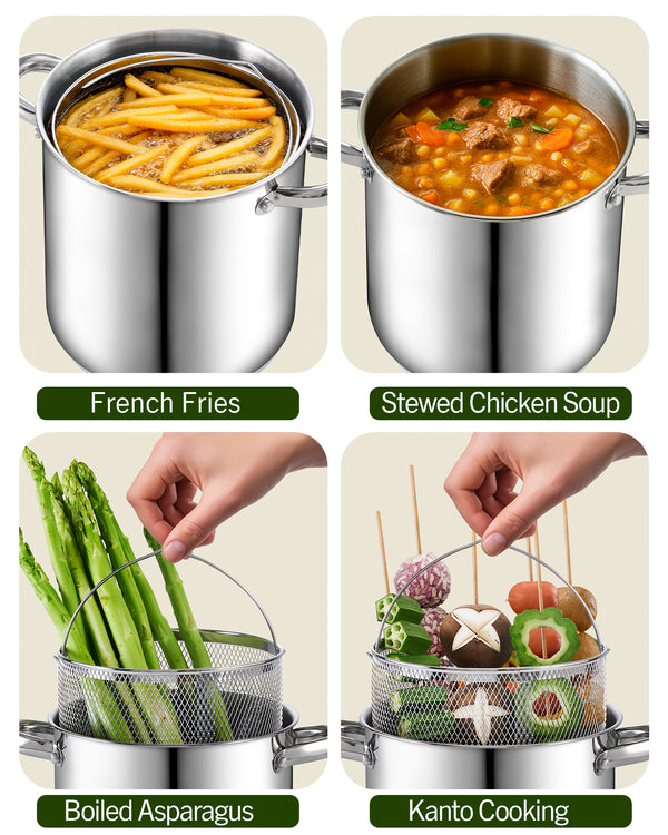 Cook N Home Deep Fryer Pot, 5-Quart Japanese Tempura Deep Frying Pot, 304 Stainless Steel with Temperature Control and Oil Drip Rack and Glass Lid, for Kitchen French Fries, Chicken etc