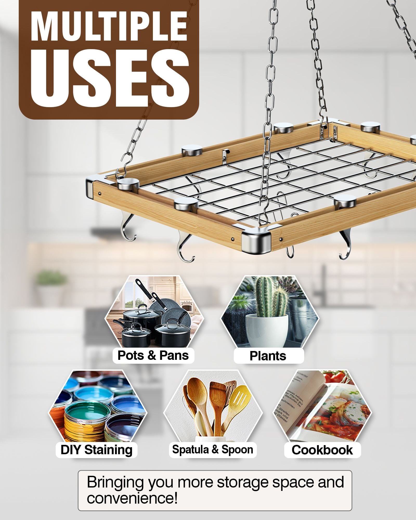 Cooks Standard Ceiling Mounted Wooden Pot Rack with Metal Grate, Movab