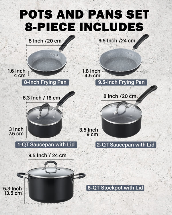Cook N Home 8-Piece Nonstick Heavy Gauge Cookware Set, Black with Marble coating