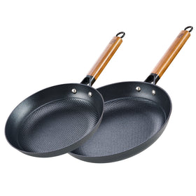 DM Cast Iron Skillet, 2 Piece Nonstick Frying Pan Set, 10 and 12 Inch with Detachable Acacia Wooden Handle, Honeycomb Non stick Omelet Egg Pan, Easy Clean Oven Safe Pans for Cooking