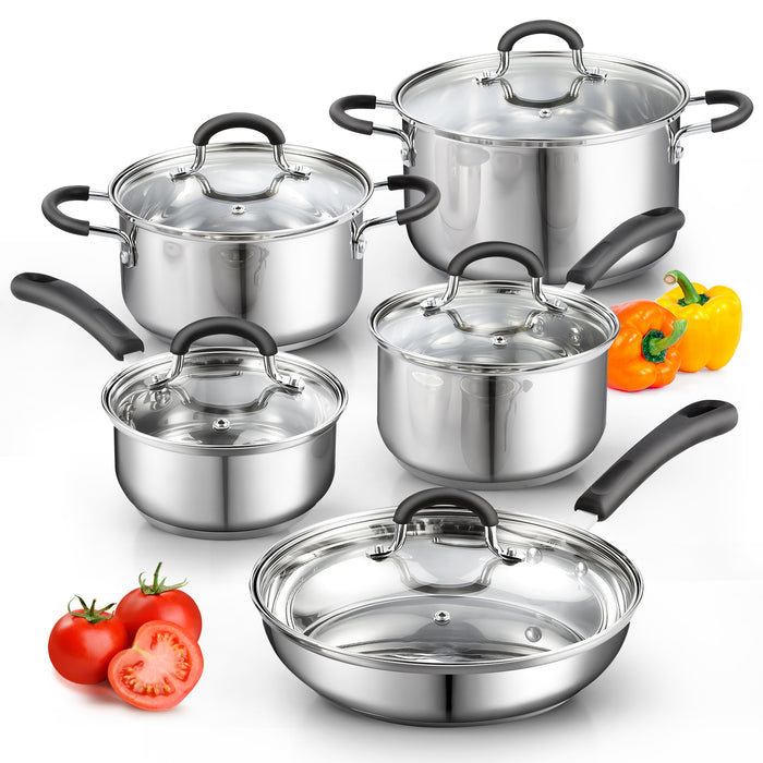 cook n home Cook N Home Stainless Steel Cookware Sets 10-Piece Pots and Pans Kitchen Cooking Set with Stay-Cool Handles Dishwasher Safe Silver
