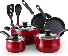 Cook N Home Pots and Pans Nonstick Cookware Set 10-Piece, Belly Shape Kitchen Cooking Set with Frying Pans and Saucepans, Induction Compatible, Marble Red