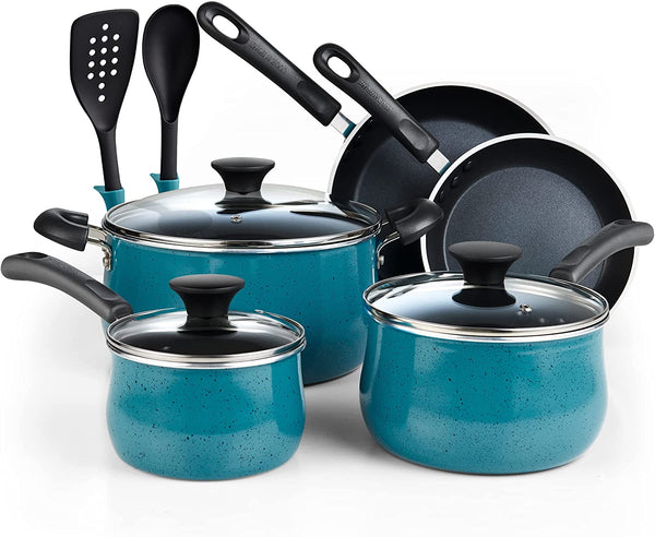 Cook N Home Pots and Pans Nonstick Cookware Set 10-Piece, Belly Shape Kitchen Cooking Set with Frying Pans and Saucepans, Induction Compatible, Turquoise