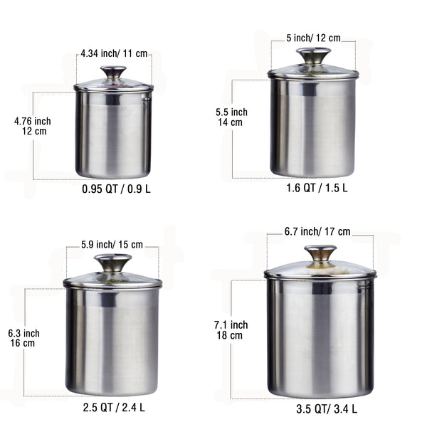 Cooks Standard Stainless Steel Food Jar Storage Canister Set Medium 4-Piece, 0.95qt/1.6qt/2.5qt/3.5qt Airtight Containers with Glass Lid for Tea Coffee Sugar Flour