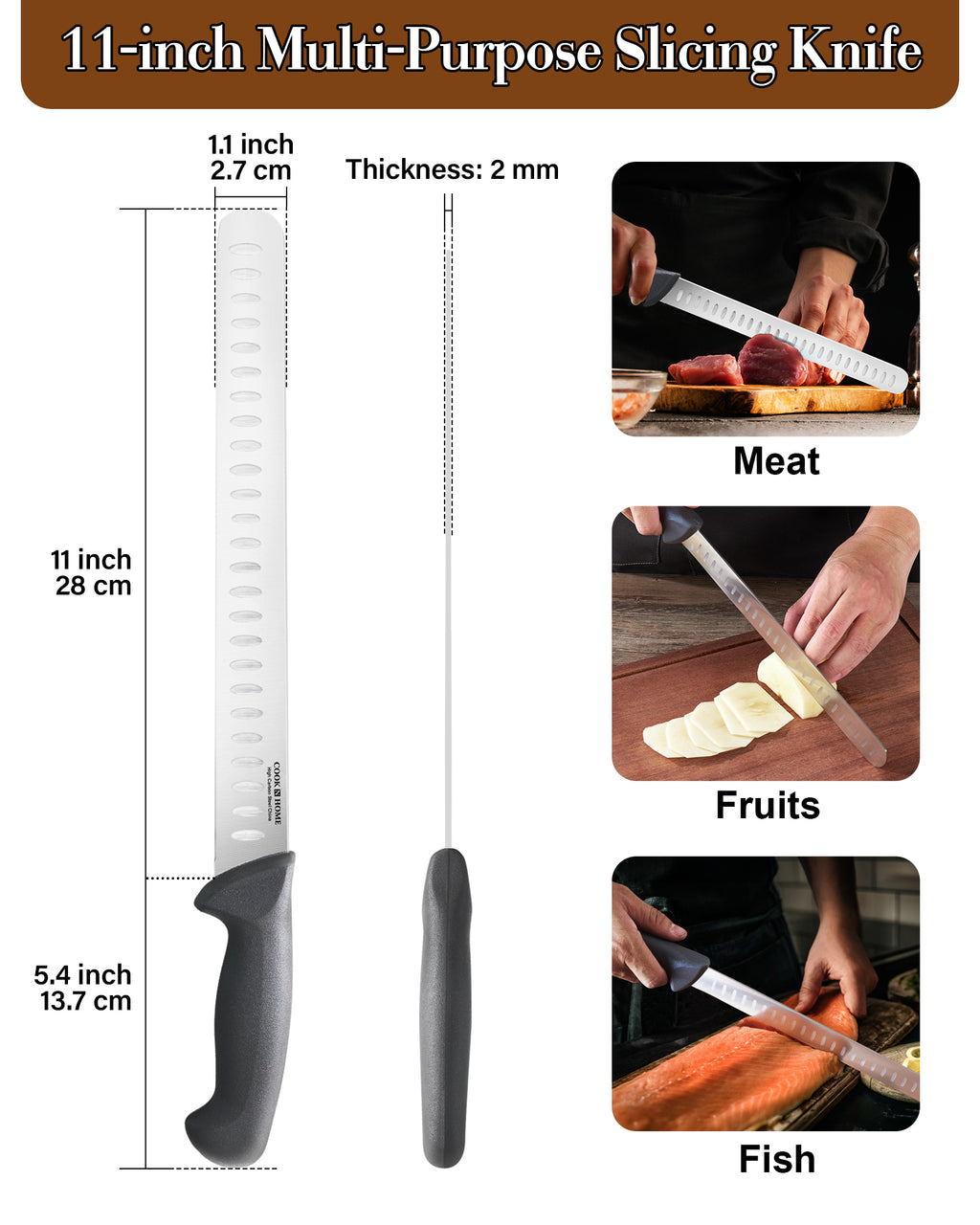 Cook N Home Slicing Carving Knife Roast/Fish Slicer 11-inch, Granton Edge High Carbon Stainless Steel Sharp Kitchen Knife, Ergonomic Handle, Black
