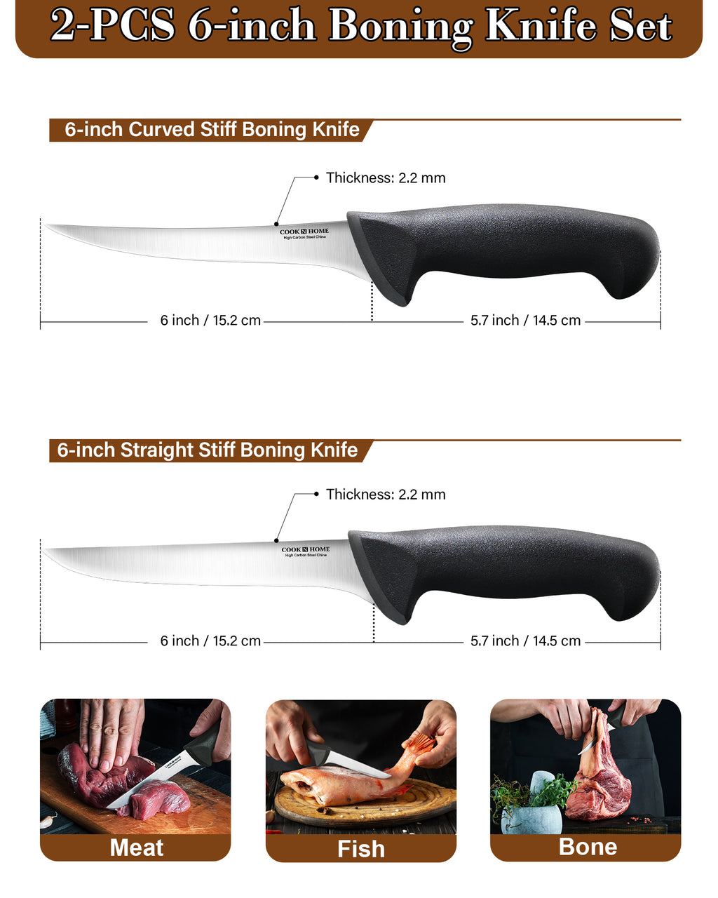 Cook N Home Boning Knife Set 6-inch, High Carbon Stainless Steel Flexible Curved and Straight Stiff Boning Kitchen Knives 2-Piece, Ergonomic Handle, Black