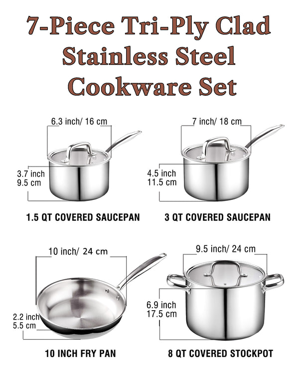 Cook N Home Tri-Ply Clad Stainless Steel Pots and Pans Cookware Set 7-Piece, with Saucepan, Fry Pan, Stockpot