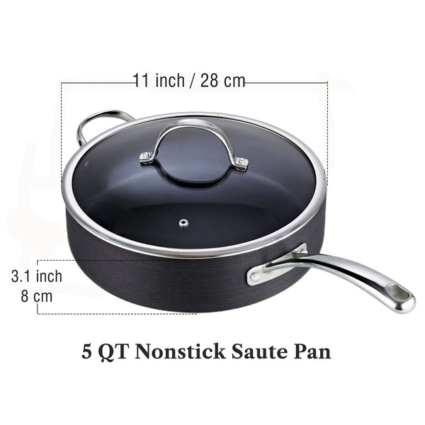 Cooks Standard Hard Anodized Nonstick Deep Sauté Pan 11-inch, 5 Quart Frying Pan Saute Pan Skillet with Stainless Steel Lid, Stay-Cool Handle, Black