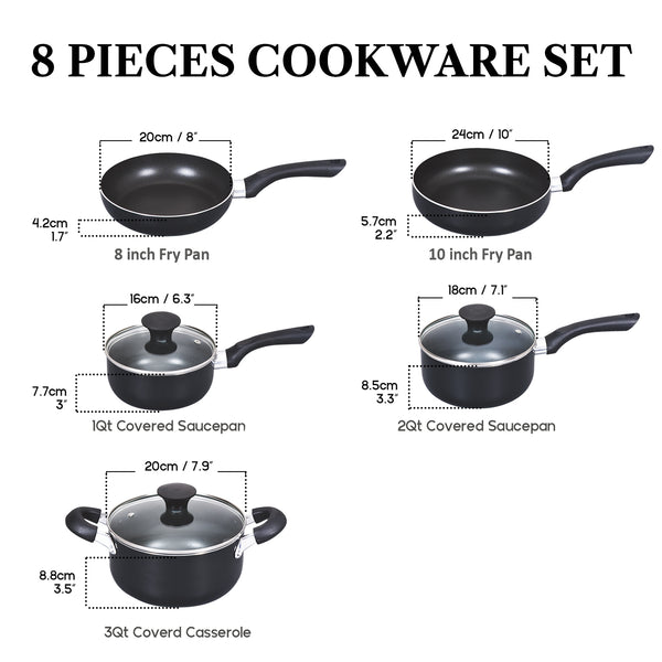 Cook N Home Pots and Pans Nonstick Cooking Set includes Saucepan Frying Pan Kitchen Cookware Set 8-Piece, Stay Cool Handle, Black