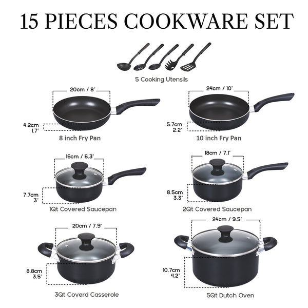 Cook N Home Pots and Pans Nonstick Cooking Set includes Saucepan Frying Pan Kitchen Cookware Set 15-Piece, Stay Cool Handle, Black