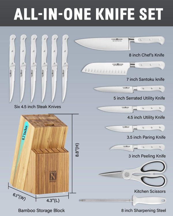 Cook N Home Kitchen Knife Set with Bamboo Storage Block 15-Piece, High Carbon Stainless Steel Blade, White