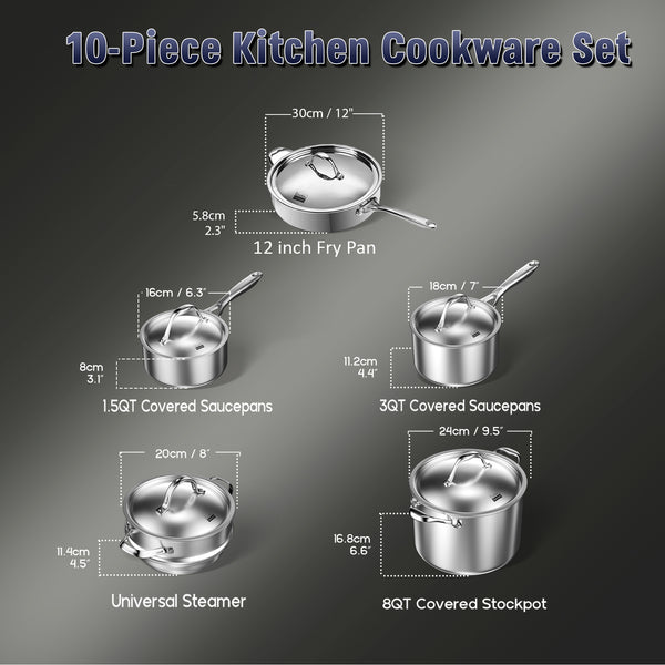 Cooks Standard Stainless Steel Kitchen Cookware Sets 10-Piece, Multi-Ply Full Clad Pots and Pans Cooking Set with Fry Pan, Dishwasher Safe, Oven Safe 500°F