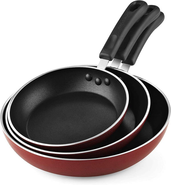 Cook N Home Nonstick Saute Fry Pan Skillet Set, 8, 9.5, and 11-Inch Kitchen Cooking Frying Saute Pan, Induction Compatible, Marble Red, 3-Piece