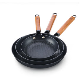 DM Cast Iron Skillet, 3 Piece Nonstick Frying Pan Set, 8” 10” 12” with Detachable Acacia Wooden Handle, Honeycomb Non stick Omelet Egg Pan, Easy Clean Oven Safe Pans for Cooking