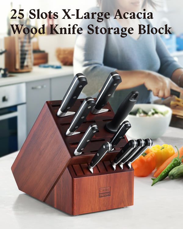 Cooks Standard 25 Slot X-Large Acacia Knife Block Holder without Knives, Countertop Butcher Block Kitchen Knife Stand, Hold Multiple Large Blade Knives, Wider Slots for Easier Storage