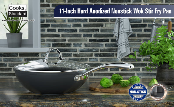 Cooks Standard Nonstick Stir-Fry Wok Pan 11-Inch, Hard Anodized Deep Frying Pan with Glass Lid, Flat Bottom, Black