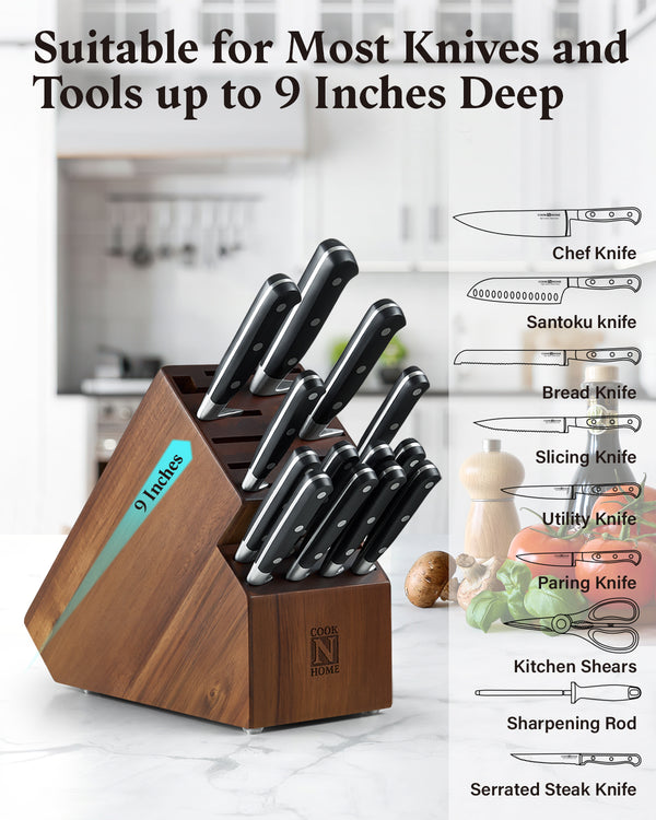 Cook N Home 20 Slot Large Acacia Knife Block Holder without Knives, Countertop Butcher Block Kitchen Knife Stand, Hold Multiple Large Blade Knives, Wider Slots