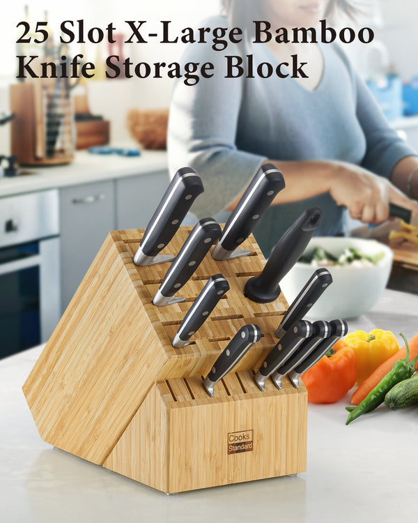 Cooks Standard 25 Slot X-Large Bamboo Knife Block Holder without Knives, Countertop Butcher Block Kitchen Knife Stand, Hold Multiple Large Blade Knives, Wider Slots for Easier Storage