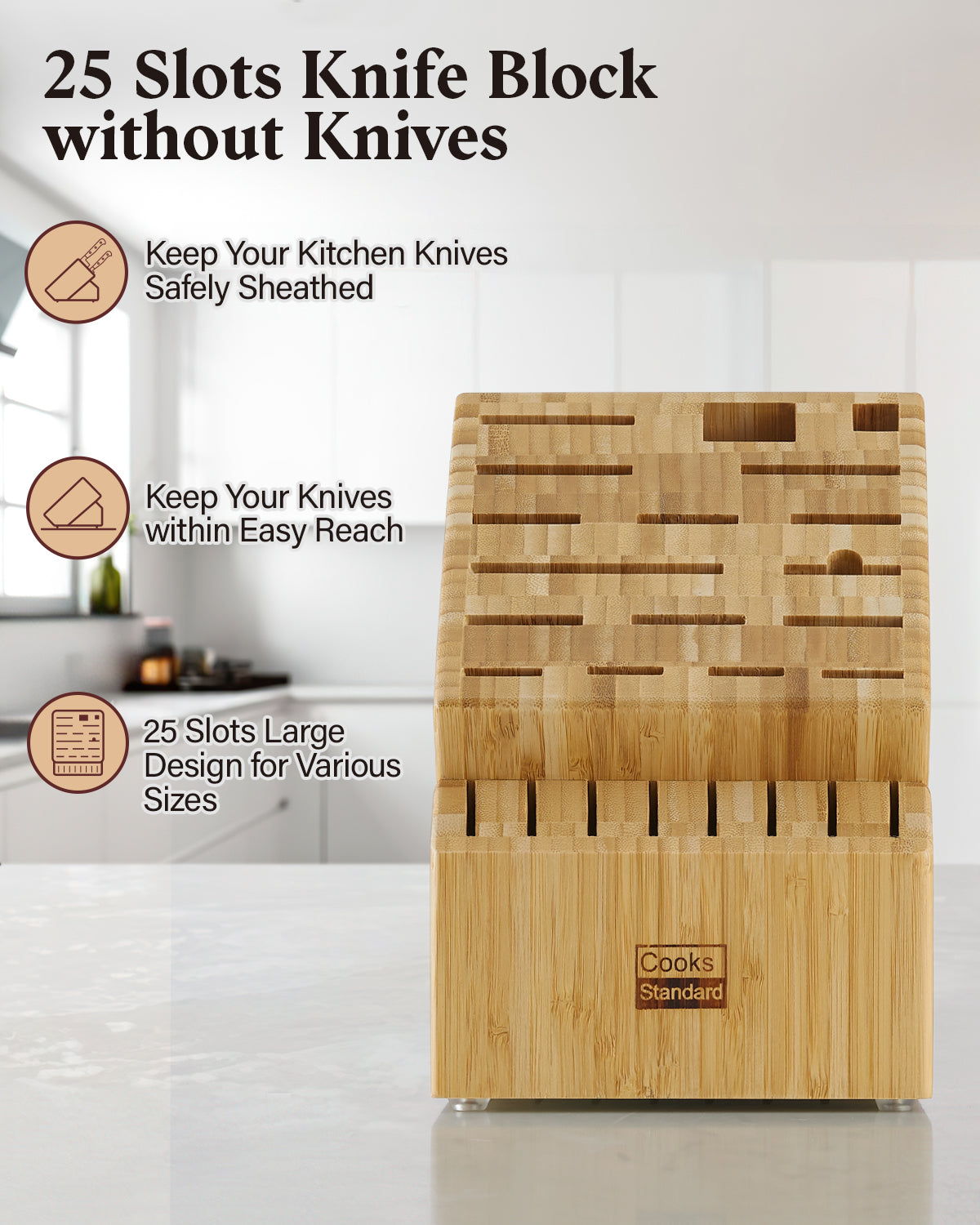 Cook N Home Bamboo Knife Storage Block without Knives, 20 Slot Universal  Knife Holder Countertop Butcher Block Knife Stand for Easy Kitchen Storage