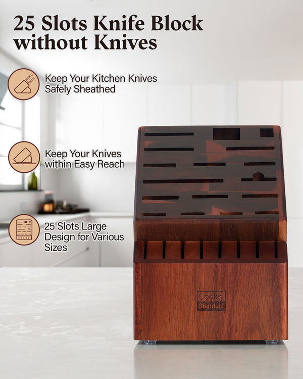 Cooks Standard Acacia wood Knife Block Holder without Knives, 25 Slot X-Large Universal Countertop Butcher Block Kitchen Knife Stand for Easy Kitchen Storage