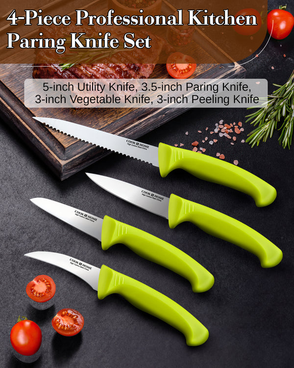 Cook N Home Paring Knife Set 4-Piece, High Carbon German Stainless Steel Kitchen Knives, Includes-Utility, Paring, Vegetable, Peeling Knife, Ergonomic Handle, Green