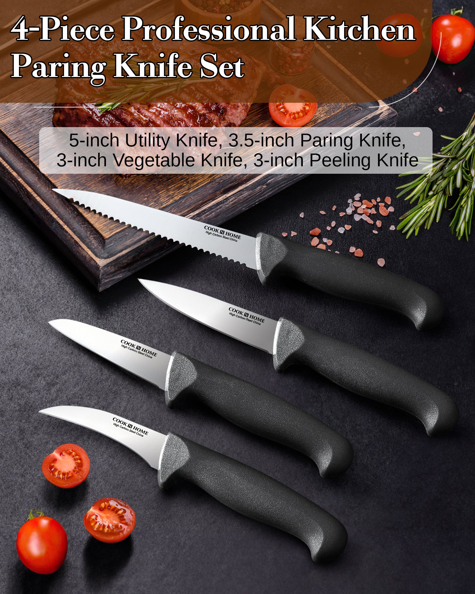 Cook N Home Paring Knife Set 4-Piece, High Carbon Stainless Steel Kitchen Knives, Includes-Utility, Paring, Vegetable, Peeling Knife, Ergonomic Handle, Black