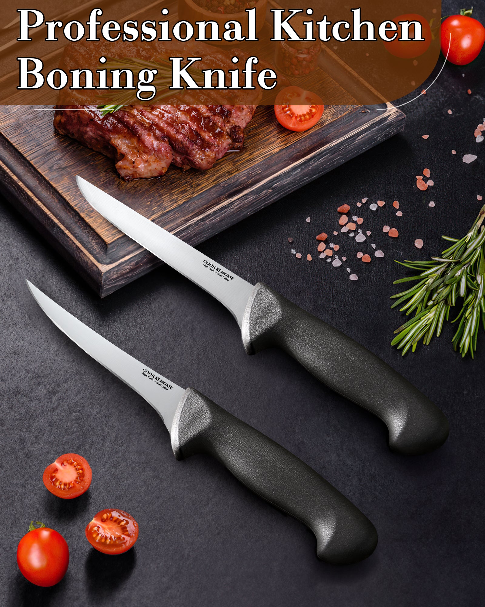 Cook N Home Boning Knife Set 6-inch, High Carbon Stainless Steel Flexible Curved and Straight Stiff Boning Kitchen Knives 2-Piece, Ergonomic Handle, Black