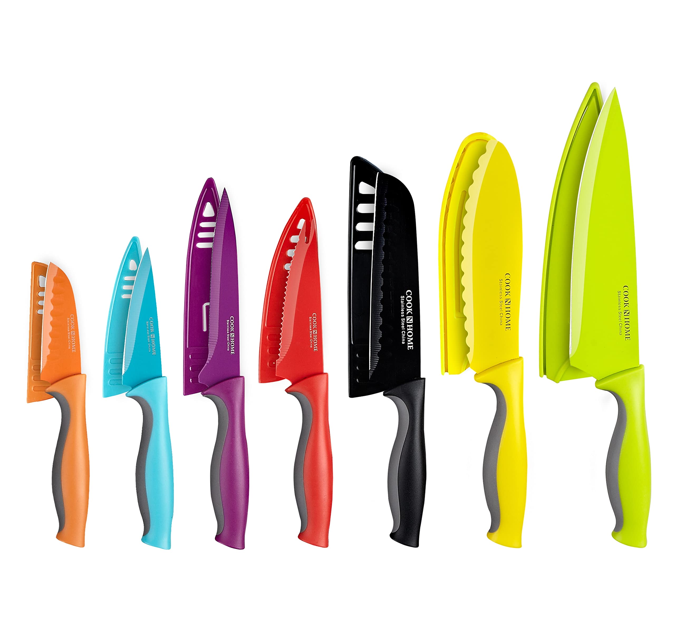 Cook N Home 14-Piece Carbon Stainless Steel Knife Set with 7 Sheaths, Color Coded, Multicolo