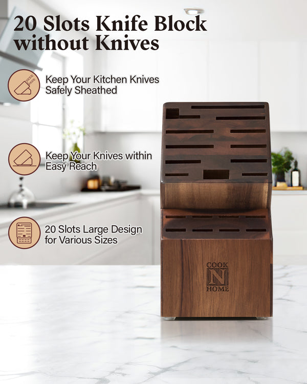 Cook N Home 20 Slot Large Acacia Knife Block Holder without Knives, Countertop Butcher Block Kitchen Knife Stand, Hold Multiple Large Blade Knives, Wider Slots
