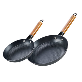 DM Cast Iron Skillet, 2 Piece Nonstick Frying Pan Set, 8 and 10 Inch with Detachable Acacia Wooden Handle, Honeycomb Non stick Omelet Egg Pan, Easy Clean Oven Safe Pans for Cooking