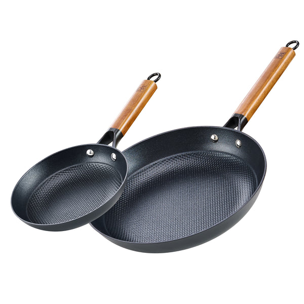 DM Cast Iron Skillet, 2 Piece Nonstick Frying Pan Set, 10 and 12 Inch with Detachable Acacia Wooden Handle, Honeycomb Non stick Omelet Egg Pan, Easy Clean Oven Safe Pans for Cooking