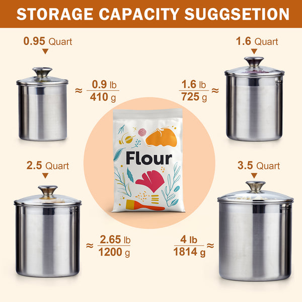 Cooks Standard Stainless Steel Food Jar Storage Canister Set Medium 4-Piece, 0.95qt/1.6qt/2.5qt/3.5qt Airtight Containers with Glass Lid for Tea Coffee Sugar Flour