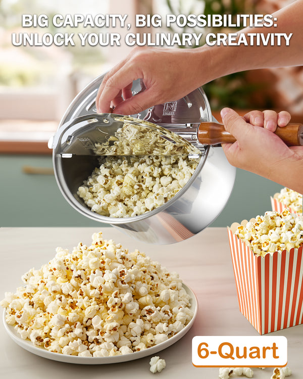 Cook N Home Stovetop Popcorn Popper with Crank, 6 Quart Stainless Steel Popcorn Pot, Silver