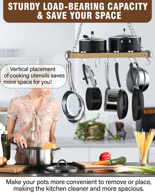 Cooks Standard Ceiling Mounted Wooden Pot Rack with Metal Grate, Movable Tracks Type Hanging Pot Rack with Solid Cast Aluminum Swivel and Fixed Hooks Suitable for Heavy Duty Cookware, 24x18-Inch