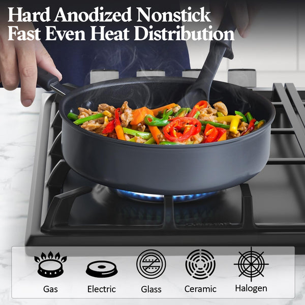 Cook N Home Professional Hard Anodized Nonstick Saute Pan With Lid 3 Quart 9.5 inch, Pots and Pans, Dishwasher Safe with Stay-Cool Handles, Black