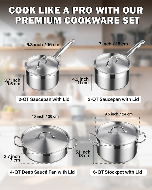 Cooks Standard Kitchen Cookware Sets Stainless Steel, Professional Pots and Pans Include Saucepan, Sauté Pan, Stockpot with Lids, 8-Piece, Silver