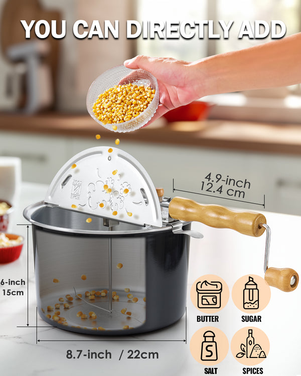 Cook N Home Stovetop Popcorn Popper with Crank, 6-Quart Aluminum Popcorn Pot, Black