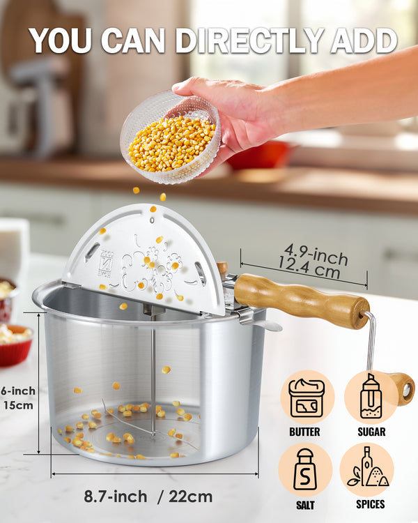 Cook N Home Stovetop Popcorn Popper with Crank, 6-Quart Aluminum Popcorn Pot, Silver