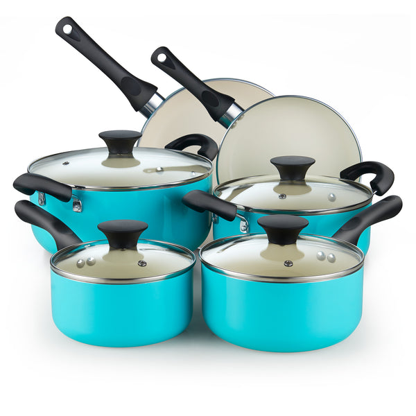 Cook N Home Pots and Pans Set Nonstick, 10-Piece Ceramic Kitchen Cookware Sets, Nonstick Cooking Set with Saucepans, Frying Pans, Dutch Oven Pot with Lids, Turquoise