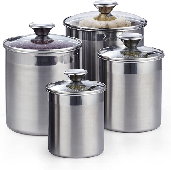 Cooks Standard Stainless Steel Food Jar Storage Canister Set Medium 4-Piece, 0.95qt/1.6qt/2.5qt/3.5qt Airtight Containers with Glass Lid for Tea Coffee Sugar Flour