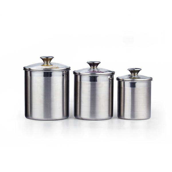 Cooks Standard Stainless Steel airtight Glass lid 3-Piece Food Jar Storage Canister Set for Tea Cofee Sugar Flour Baking Pantry Kitchen Counter