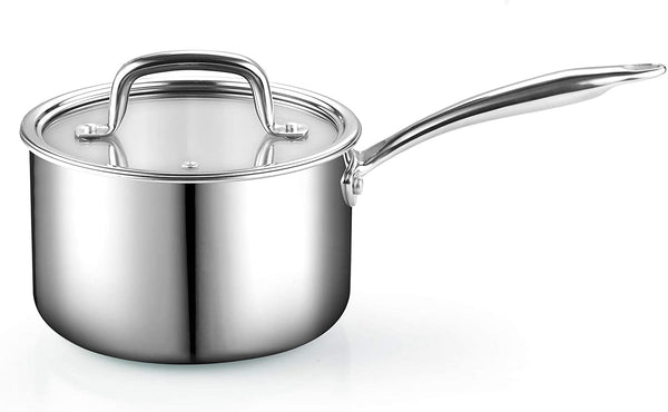Cook N Home Stainless Steel Saucepan 3 Quart, Tri-Ply Full Clad Sauce Pan with Glass Lid, Silver